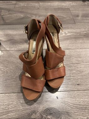 INC International Concepts Cognac Leather Strappy Block Heels